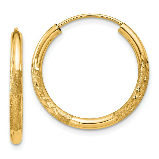 Real 14kt Yellow Gold 2mm Satin Diamond-cut Endless Hoop Earrings 